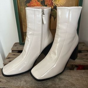 Lulus Kiaya off white patent square toe boots.